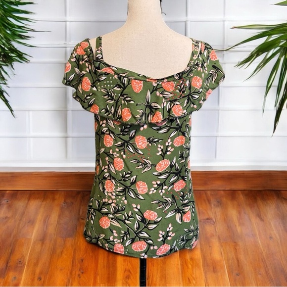 Red Leaf Green Floral Ruffle Button-Front Sleeveless Top – Size S - Picture 5 of 13
